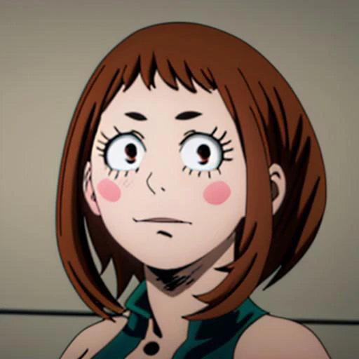 csm anime style, ochako uraraka, (uraraka ochako:1.5), (brown eyes:1.5), brown hair, short hair, blush, blush stickers,