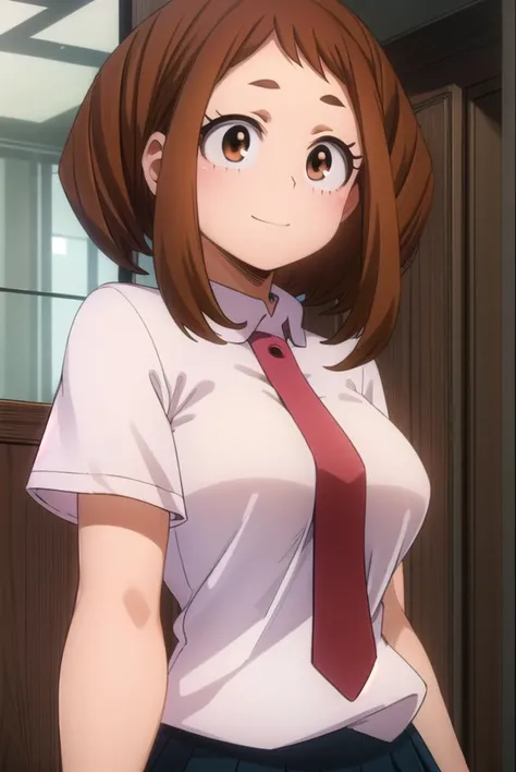 ochakouraraka, <lyco:ochako uraraka s3-lyco-nochekaiser:1>,
ochako uraraka, (uraraka ochako:1.5), (brown eyes:1.5), brown hair, short hair, blush, blush stickers, smile,
BREAK skirt, shirt, school uniform, white shirt, short sleeves, pleated skirt, necktie, collared shirt, red necktie, u.a. school uniform,
BREAK indoors, classroom,
BREAK looking at viewer,
BREAK <lyco:GoodHands-beta2:1>, (masterpiece:1.2), best quality, high resolution, unity 8k wallpaper, (illustration:0.8), (beautiful detailed eyes:1.6), extremely detailed face, perfect lighting, extremely detailed CG, (perfect hands, perfect anatomy),