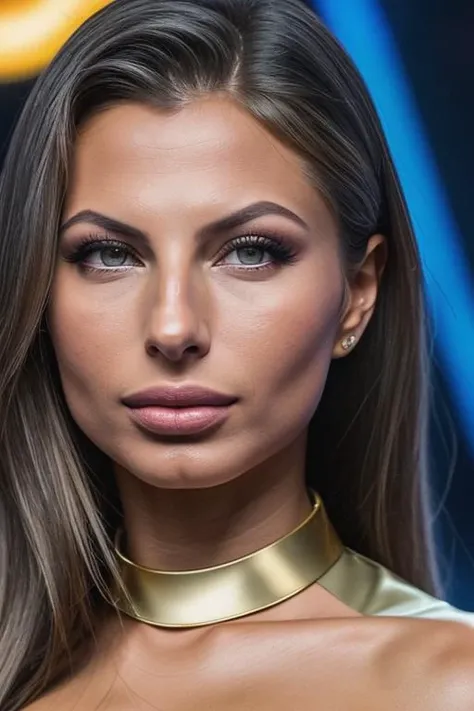 best quality (raw:1.1) photo of( drasy-150:0.99), ((television makeup:1.2)), (high neck blue and gold dress with collar:1.2), ((at a tv game show:1.2)), (closeup:1.2:1.2), RAW candid cinema, 16mm, color graded portra 400 film, remarkable color, ultra realistic, textured skin, remarkable detailed pupils, realistic dull skin noise, visible skin detail, skin fuzz, dry skin, shot with cinematic camera, detailed skin texture, (blush:0.2), (goosebumps:0.3), subsurface scattering