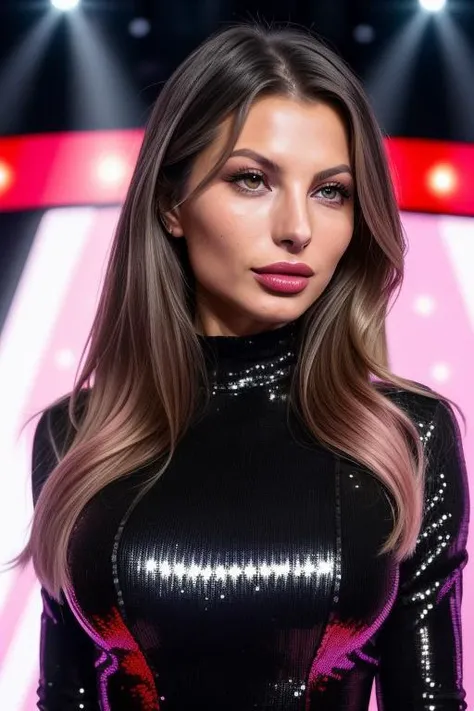 best quality, portrait photo of drasy-150, ((((looking directly at the camera)))), face front, ((television makeup:1.2)), ( Red and Black sequin high neck dancing jumpsuit:1.2), ((at a tv game show:1.2)), (closeup:1.2:1.2), RAW candid cinema, 16mm, color graded portra 400 film, remarkable color, ultra realistic, textured skin, remarkable detailed pupils, realistic dull skin noise, visible skin detail, skin fuzz, dry skin, shot with cinematic camera, detailed skin texture, (blush:0.2), (goosebumps:0.3), subsurface scattering, (detailed pupils:1.3), ( Rose Quartz lipstick:1.2)