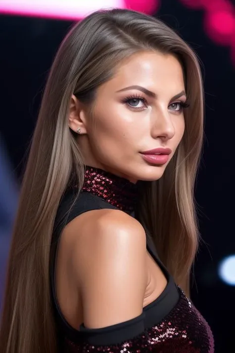 best quality, portrait photo of drasy-150, ((((looking directly at the camera)))), face front, ((television makeup:1.2)), ( Red and Black sequin high neck dancing jumpsuit:1.2), ((at a tv game show:1.2)), (closeup:1.2:1.2), RAW candid cinema, 16mm, color graded portra 400 film, remarkable color, ultra realistic, textured skin, remarkable detailed pupils, realistic dull skin noise, visible skin detail, skin fuzz, dry skin, shot with cinematic camera, detailed skin texture, (blush:0.2), (goosebumps:0.3), subsurface scattering, (detailed pupils:1.3), ( Rose Quartz lipstick:1.2)