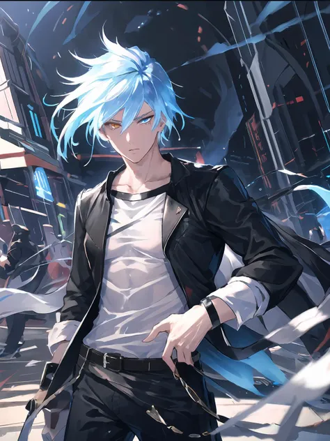 masterpiece,best quality,highres,cinematic lighting,dramatic angle,<lora:ShadowverseKarulaV2:0.8:lbw=jianigshi3>,1boy,mature male,light blue hair,heterochromia,black pants,looking at viewer,white shirt,portrait,close-up,depth of field,mature male,expressionless,streetscape,depth of field,crowd,cowboy shot,hands in pockets,jacket,backed against the wall