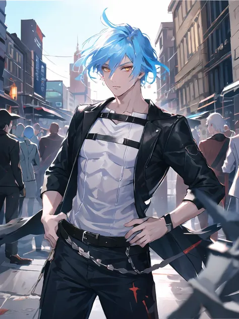 masterpiece,best quality,highres,cinematic lighting,dramatic angle,<lora:ShadowverseKarulaV2:0.8:lbw=jianigshi3>,1boy,mature male,light blue hair,heterochromia,black pants,looking at viewer,white shirt,portrait,close-up,depth of field,mature male,expressionless,streetscape,depth of field,crowd,cowboy shot,hands in pockets,jacket