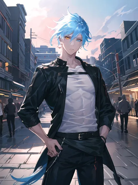 masterpiece,best quality,highres,cinematic lighting,dramatic angle,<lora:ShadowverseKarulaV2:0.8:lbw=jianigshi3>,1boy,mature male,light blue hair,heterochromia,black pants,looking at viewer,white shirt,portrait,close-up,depth of field,mature male,expressionless,streetscape,depth of field,crowd,cowboy shot,hands in pockets,jacket,backed against the wall