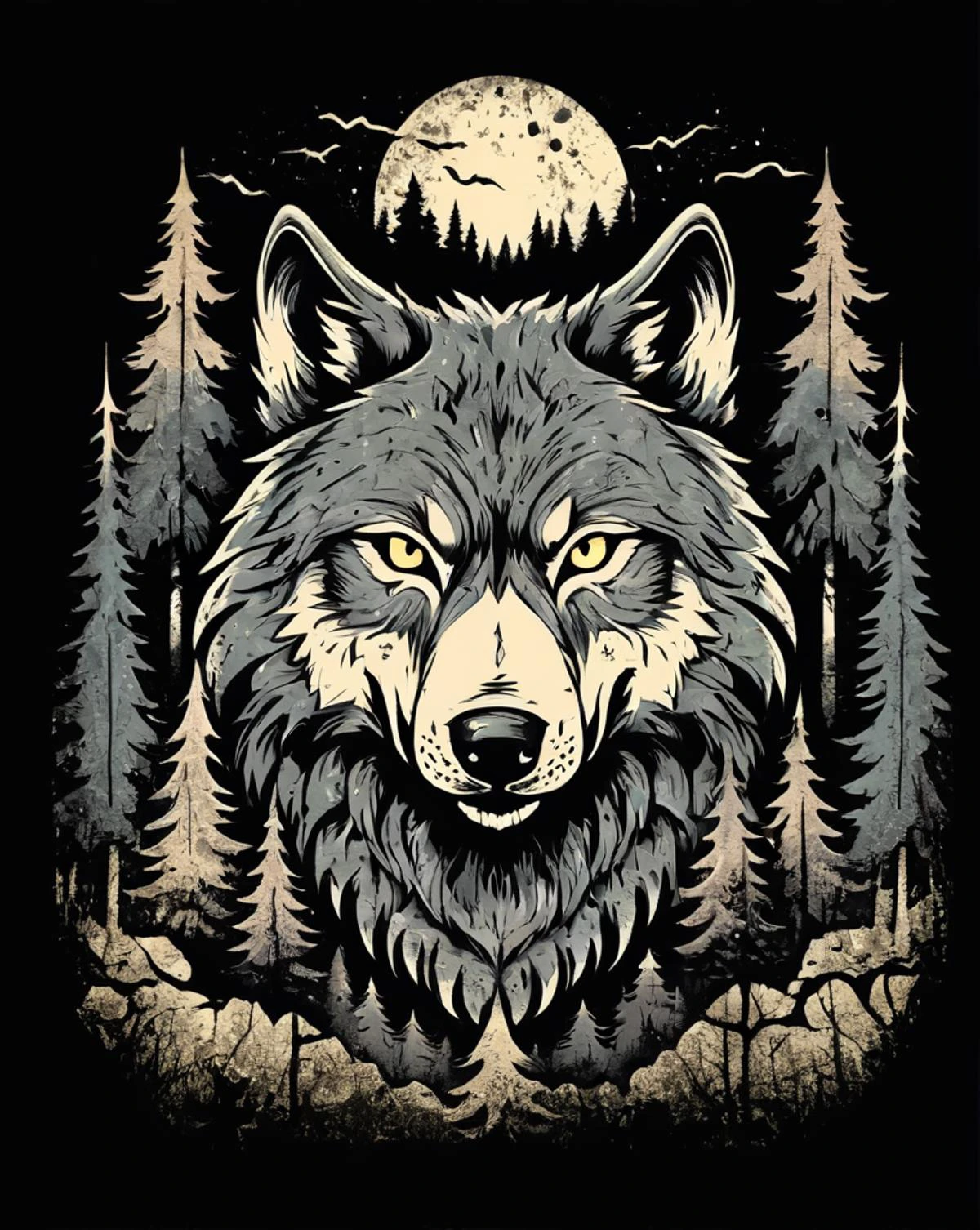 Grunge style wolf head and forest, t-shirt design, flat colors, vector, ((black background)) . Textured, distressed, vintage, edgy, punk rock vibe, dirty, noisy