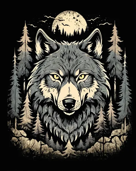 Grunge style wolf head and forest, t-shirt design, flat colors, vector,  ((black background)) . Textured, distressed, vintage, edgy, punk rock vibe, dirty, noisy