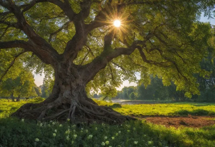 amazing quality, masterpiece, best quality, hyper detailed, ultra detailed, UHD, dof, hyper-realism, epic, from far, wide shot, panoramic, awesome, surreal, inspiring, incredible, majestic, enormous, huge, gigantic, mythical, ancient tree of life, tall, nature, green leaves, lots of branches, branching out, wide branches, thick roots, cinamatic composition, soft shadows, vibrant colours, cature, elemental, sunny, grass, warm light, morning, sunny, river, water, droplets, flowers, red roses, wild life, bees, fox, deer, harmony, relaxing, calm,<lora:add-detail-xl:1.0>, <lora:extremely_detailed:1.2>, national geographic style