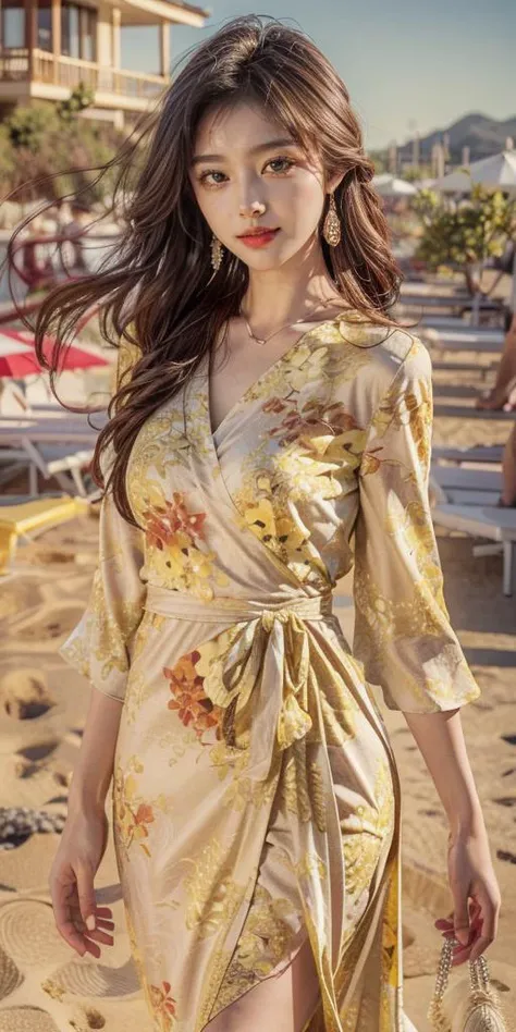 Create an image of a Chinese girl wearing a modern and chic resort-style outfit. She should exude elegance and relaxation, with her hair styled in a way that complements the resort setting, such as loose waves or a casual updo. Her eyes should be perfect, detailed, and expressive, reflecting her sophisticated and carefree demeanor. The resort-style outfit should be stylish and comfortable, featuring light and breathable fabrics like linen, cotton, or silk. This could include a flowy maxi dress with a flattering cut, a chic romper, or a stylish pair of wide-legged trousers paired with a breezy blouse. The colors should be fresh and vibrant, such as pastel shades, tropical prints, or elegant neutrals, perfect for a resort environment. The setting should evoke a luxurious and relaxing resort atmosphere, such as a beachside cabana, a tropical garden, or a chic poolside area. The lighting should be warm and inviting, highlighting the textures and details of her outfit while enhancing the tranquil and upscale ambiance. Best image ever, photo-realistic, best quality, highest quality, 8k resolution, perfect image.