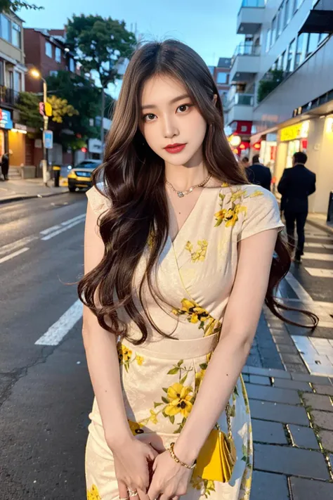 realistic, photorealistic, masterpiece, best quality, 1girl, long hair, solo, standing in street, night,full body, looking at viewer, yellow_lure_dress, (pureerosface_v1:0.5), <lora:Cute Asian Face:0.6>,<lora:chinaDollLikeness_v10:0.6>, <lora:yellowLureDress:0.75>