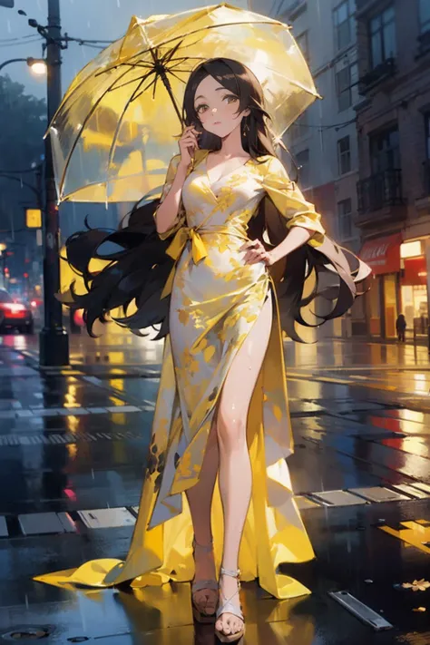 (masterpiece, top quality, best quality, official art, beautiful and aesthetic:1.2),, 1girl, long hair, solo, standing in street, night, rain, wet, full body, hand on hip, expressionless, looking at viewer, yellow_lure_dress, <lora:yellowLureDress:0.8>