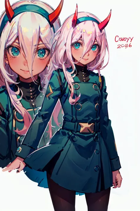 (cowboy shot:1.3), smile, <lora:ZeroTwoOni2_0:1> Zero Two, 1girl, long hair, (red skin), red horns, pink hair, green eyes, colored sclera, <lora:Velvet-Room-F-OutfitV2_Fp:1> velvetfoutfitv2, pantyhose, hairband,, ultra detailed, masterpiece, best quality, aesthetic, detailed,
