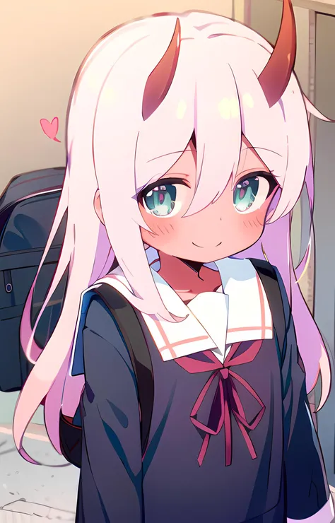 <lora:Zero_Two_Oni__Character_LoRA:1>, Zero Two, 1girl, long hair, (red skin), red horns, pink hair, green eyes, colored sclera, school uniform, smile, hearts, backpack, <lora:onemai:0.7>