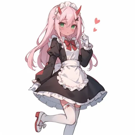 masterpiece,best quality,highly,
1girl, solo, <lora:Zero_Two_Oni__Character_LoRA:0.8>, Zero Two, 1girl, long hair, (red skin), red horns, pink hair, green eyes, colored sclera
maid dress, maid, long sleeves, red bow tie, bow tie, maid headdress, maid apron,White gloves with bows, frills, thighhighs, shy, white bow, shoes,bloomers