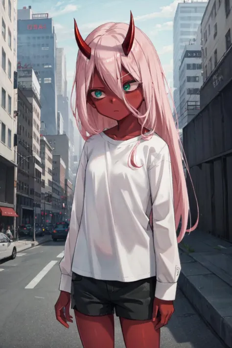 <lora:ZeroTwoOni2_0:0.9> Zero Two, 1girl, masterpiece, best quality, long hair, (red skin), red horns, pink hair, green eyes, colored sclera, white shirt, black shorts, outdoors, city, urban, looking away, squinting, expressionless