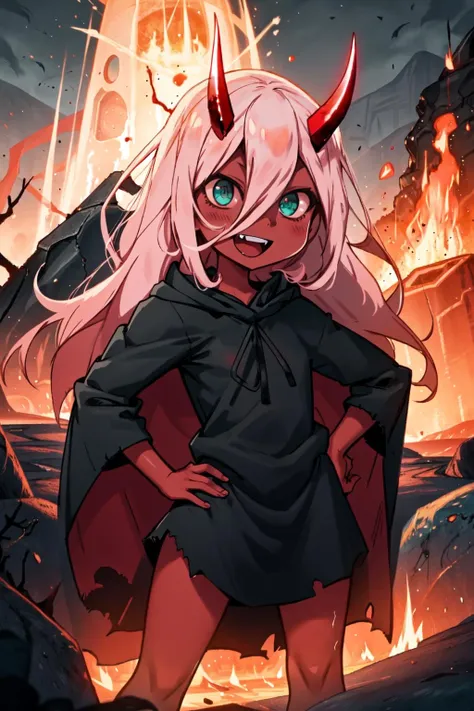 <lora:ZeroTwoOni2_0:0.9> Zero Two, 1girl, masterpiece, best quality, long hair, (red skin), red horns, pink hair, green eyes, colored sclera, black sweater, black armor, red cape, torn cape, :D, fangs, hands on hips, volcano, lava, molten rock, fire, dark, night, blood