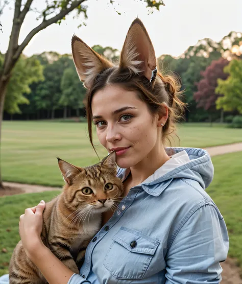 vibrant colors sunflare photo of huge massive fox ears, cat ears, sexy Rapacious Red Riding Hood, BREAK Pearlescent Chambray shirt, Holding a small pet, A small pet, like a bunny or kitten, can add a lot of cuteness to a portrait, busty,  8k, epic realistic, ultra detail <lora:DETAIL_SLIDER_BY_STABLE_YOGI:0.5>, Classic chignon