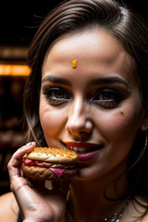 realistic woman, eat a Hamburger, (((masterpiece))),(((<sharp images:4>))), (((<high resolution:3>))), (((professional photoshooting))) ,10000iso, 8k