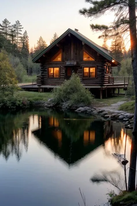 a profesional picture of 1 girl,teen girl,small breasts,astetic beauty,  <lora:Rey lycoris:0.69> skswoman   on sunset , in Rustic Cabin by the Lake: A charming, weathered cabin nestled on the edge of a tranquil lake, surrounded by tall pine trees. The cabin's wooden beams and logs exude a cozy rustic charm, and the lake's reflection shimmers with the changing hues of the sky. , preparating to jump   realistic ,perfect quality,best quality,ultrasharp,ultradetailed,perfect quality,masterpiece,intricated details,  <lora:add_detail:0.4>