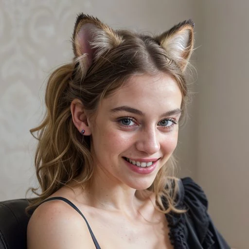 war photo of fox ears, 2women, cat ears, caucasian <lora:curls_hairstyle-10:0.1> curls_hairstyle, rim lighting, smile, cleavage, (plain black background:1.1), modelshoot style, (extremely detailed CG unity 8k wallpaper), professional majestic photography, ((smiling:1.2)), (Leica M6 Camera), 24mm, exposure blend, hdr, faded, extremely intricate, High (Detail:1.1), Sharp focus, dramatic, soft cinematic light, (looking at viewer), (detailed pupils), 4k textures, soft cinematic light, adobe lightroom, photolab, elegant, ((((cinematic look)))), soothing tones, insane details, hyperdetailed, low contrast <lora:DETAIL_SLIDER_BY_STABLE_YOGI:0.4>, Tucked-in low ponytail <lora:breastinClass:0.1>