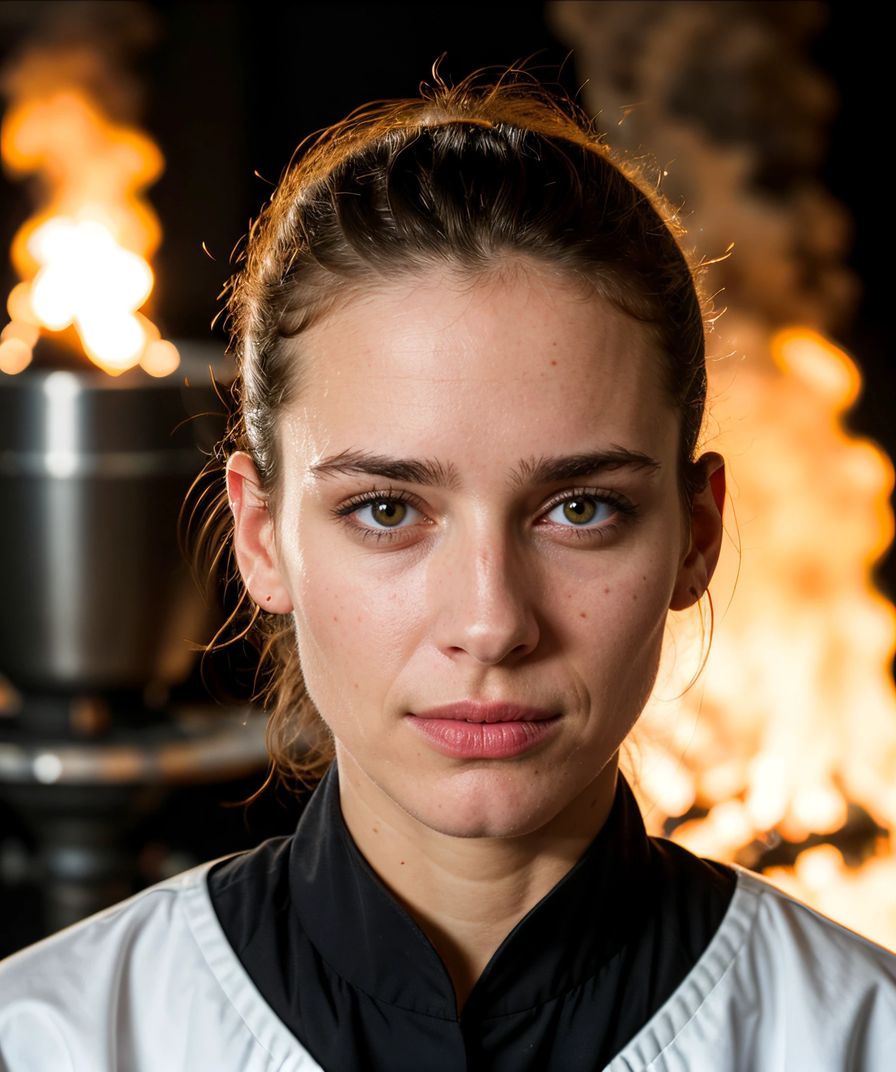 up-close portrait photo, jp-desiree, professional modest clothing, Fire Dynamics Lab: A controlled environment for studying the properties and behaviors of fire., ray tracing,detail shadow,shot on Fujifilm X-T4,85mm,f1.2,sharp focus,depth of field,blurry background,bokeh,lens flare <lora:DETAIL_SLIDER_BY_STABLE_YOGI:0.3>, dragging her into pleasure, desperate escape