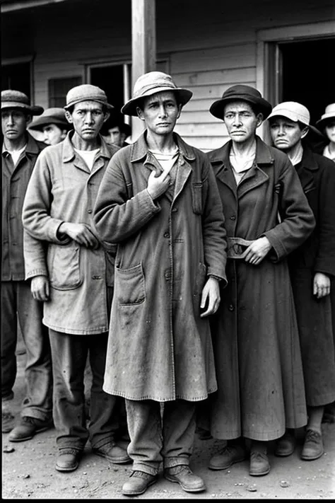 Ethereal photograph in the style of Dorothea Lange. Depression era man in dusty clothes standing in a bread line