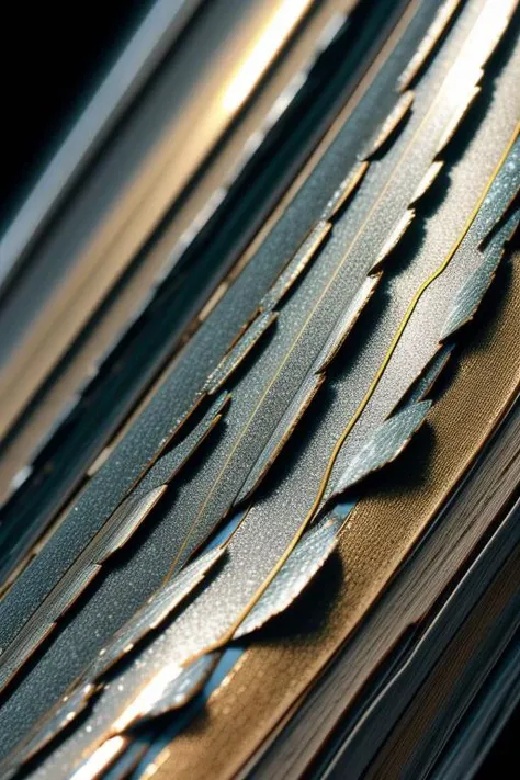art by Paul Barson Metal Flakes Peeling Paint: Extreme close-up of metallic flakes peeling off painted wood, highlighting their reflective surfaces and the underlying texture. (macro, detailed, metallic, peeling) close up, macro photography on balck velwet background,8k, ultrasharp, ultradetailed, perfect quality, masterpiece, intricated details, ultra clear, <lora:add_detail:0.7>, <hypernet:sxzBloom_sxzBloom:0.3>, vivid colors wallpaper <lora:ral-toothp:0.42> ral-toothp no humans