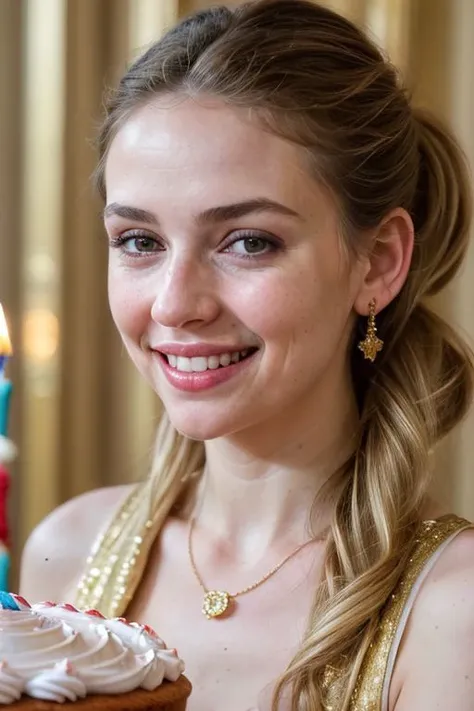 night photo of  girl, birthday (((blowing a cake candle))), detailed gold decorations on skin, textured makeup caucasian curls_hairstyle, rim lighting, smile, cleavage,  (plain black background:1.1), modelshoot style, (extremely detailed CG unity 8k wallpaper), professional majestic photography, ((smiling:1.2)), (Leica M6 Camera), 24mm, exposure blend, hdr, faded, extremely intricate, High (Detail:1.1), Sharp focus, dramatic, soft cinematic light, (looking at viewer), (detailed pupils), 4k textures, soft cinematic light, adobe lightroom, photolab, elegant, ((((cinematic look)))), soothing tones, insane details, hyperdetailed, low contrast <lora:DETAIL_SLIDER_BY_STABLE_YOGI:0.4>, Tucked-in low ponytail