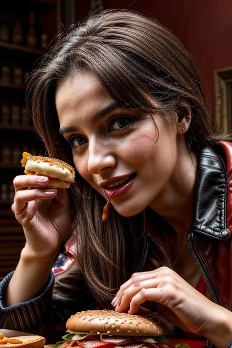 realistic woman, eat a Hamburger, (((masterpiece))),(((<sharp images:4>))), (((<high resolution:3>))), (((professional photoshooting))) ,10000iso, 8k