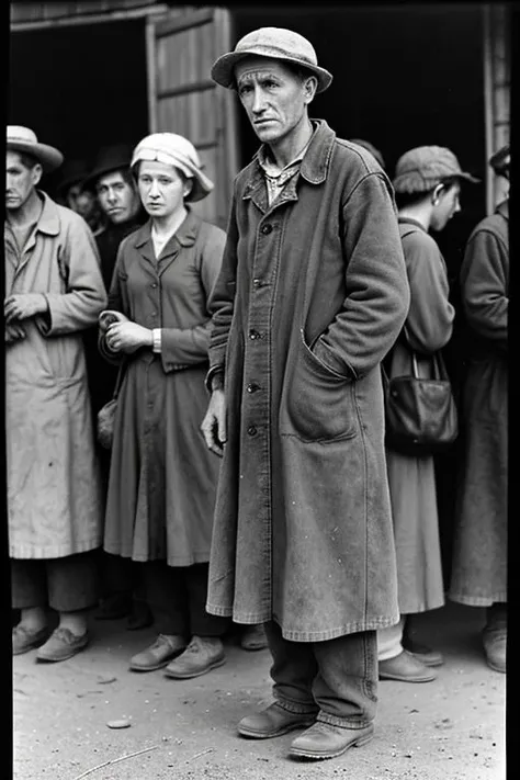 Ethereal photograph in the style of Dorothea Lange. Depression era man in dusty clothes standing in a bread line