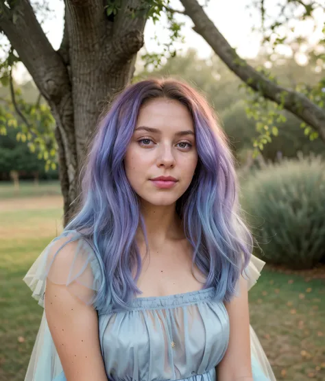 adventure photo of flamboyant, Rapacious Red Riding Hood Sheer Tulle Blouse: Wearing a tulle blouse with sheer fabric that gives a romantic and ethereal feel, Standing behind a tree, This is a classic pose for someone who's shy, peeking out from behind the tree, busty, Lavender to Baby Blue hair, detailed skin, 8k uhd, dslr, soft lighting, high quality, film grain, Fujifilm XT3, dimly lit,<lora:noise:0.5>, peach fuzz hair <lora:DETAIL_SLIDER_BY_STABLE_YOGI:0.4>, Sun-kissed waves <lora:breastinClass:0.1>