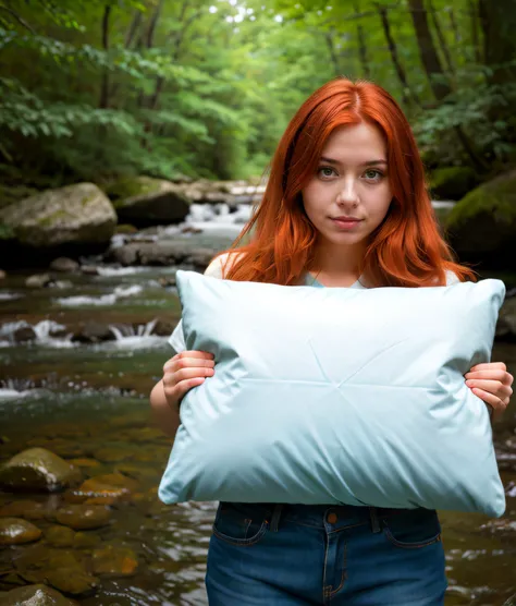 nature photo sexy homely redhead, posturing, beautiful, BREAK <lora:pillow_v3-000010:0.8> holding pillow, detailed skin, 8k uhd, dslr, high quality, film grain, Fujifilm XT3 <lora:DETAIL_SLIDER_BY_STABLE_YOGI:0.5>