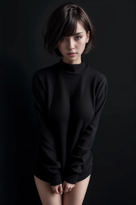 <lora:add_detail:0.8>, <lora:LowRA:0.5>, (high quality, best quality), full body portrait, hentai, dark theme, black background, large breasts, chestnut hair , aquamarine eyes, choppy bob, cream skin, short hair length, standing pose, sweater, skinny,