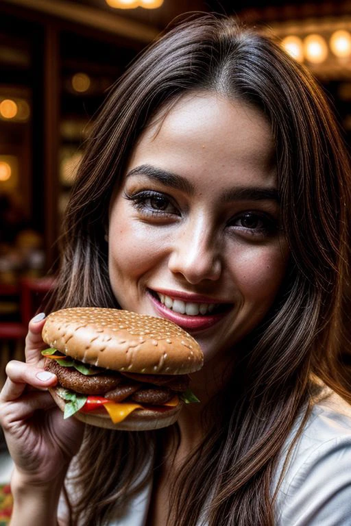realistic woman, eat a Hamburger, (((masterpiece))),(((<sharp images:4>))), (((<high resolution:3>))), (((professional photoshooting))) ,10000iso, 8k