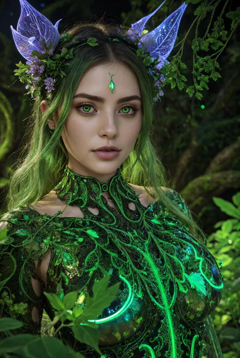 a dryad at her Grove, Greek mythology, bilateral symmetry, (green shiny eyes:1.2, Bioluminescence leaf pattern:1.3), green glowing particles, Bioluminescence green hair, seductive, flowers, mushrooms, falling leafs, dark,harmonic, fantasy, surreal, masterpiece, best quality, ultra-detailed, highly detailed textures, (nsfw) <lora:detail_slider_v4:1.8>