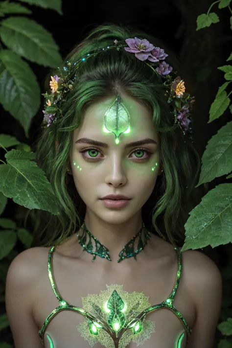 a dryad at her Grove, Greek mythology, bilateral symmetry, (green shiny eyes:1.2, Bioluminescence leaf pattern:1.3), green glowing particles, Bioluminescence green hair, seductive, flowers, mushrooms, falling leafs, dark,harmonic, fantasy, surreal, masterpiece, best quality, ultra-detailed, highly detailed textures, (nsfw) <lora:detail_slider_v4:1.8>