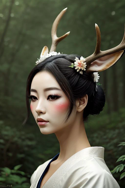 Geisha artist rendition of a deer in a gentle forest.
