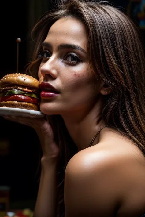 realistic woman, eat a Hamburger, (((masterpiece))),(((<sharp images:4>))), (((<high resolution:3>))), (((professional photoshooting))) ,10000iso, 8k