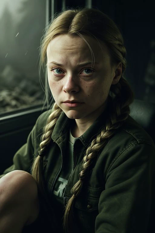 An aged woman, Greta Thunberg, full upper body photo, hair in braids, sitting on logg, looking at viewer, detailed face, straight long hair, 
Pale, thigh-high socks, army jacket,
night, dark forest, bright character, dark background, blurred background, flash photography, post-apocalyptic wasteland, ragged attire, determined eyes, survivalist, rugged charm, gritty, resourceful, apocalyptic, harsh terrain, gritty lighting. <lora:age_slider_v2:xxx>,