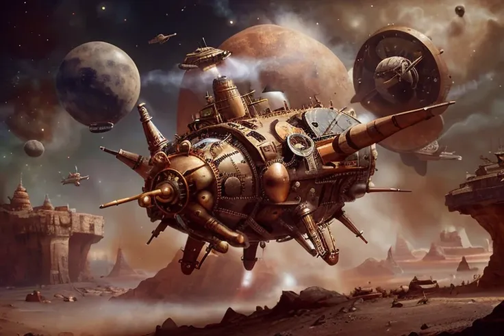 Steampunk style A 1950s retro space craft landing on an alien planet,,retrospaceships,design,hull,flying,space,exhaust, . Antique, mechanical, brass and copper tones, gears, intricate, detailed concept art, sharp focus, octane render, wide angle shot, trending on artstation<lora:RetroSpaceships:0.7>