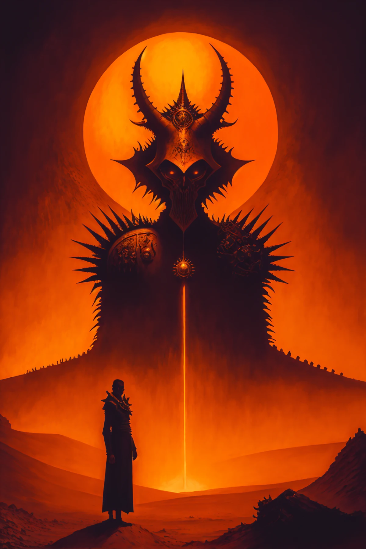 a painting of a man standing in front of a demon, the king in the desert, infernal relics, album cover design, full image, colossal, demon, horned <lora:xTTx:1>