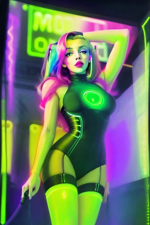 Painting of a young woman, Marilyn Monroe, full upper body from below, looking at viewer, detailed face, rainbow hair, cool, straight long hair, cyberpunk style, cyber punk city, outdoors, robo arm, cyborg, neon glowing empty white eyes, large boobs,
Pale, very skinny, muscular, thigh-high socks, army jacket,
night, (neon lights), (pink led light string : 0.1), bright character, dark background,