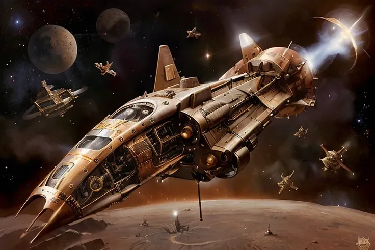 Steampunk style A 1950s retro space craft landing on an alien planet,,retrospaceships,design,hull,flying,space,exhaust, . Antique, mechanical, brass and copper tones, gears, intricate, detailed concept art, award winning illustration<lora:RetroSpaceships:0.7>