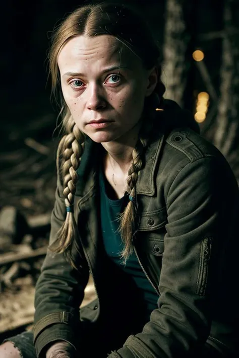 An aged woman, Greta Thunberg, close up, hair in braids, sitting on logg, looking at viewer, detailed face, straight long hair, 
Pale, thigh-high socks, dark coat,
night, dark forest, bright character, dark background, blurred background, flash photography, post-apocalyptic wasteland, ragged attire, determined eyes, survivalist, rugged charm, gritty, resourceful, apocalyptic, harsh terrain, gritty lighting. <lora:age_slider_v2:xxx>,