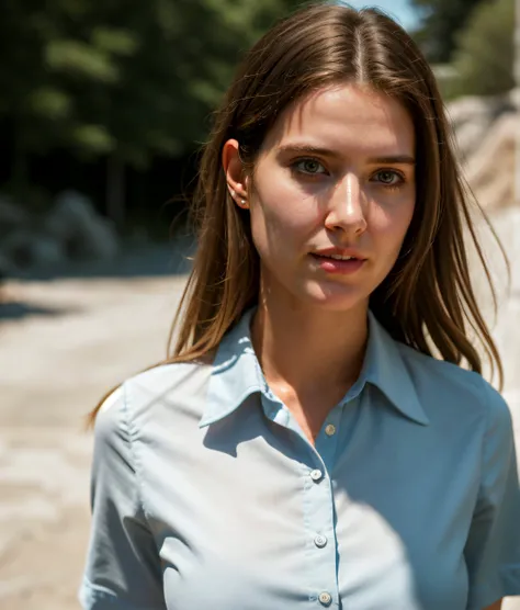 upper body photo of innocent <lora:locon_cobiesmulders_v1_from_v1_64_32:0.9> sks woman, Collared shirt dress, ray tracing,detail shadow,shot on Fujifilm X-T4,85mm,f1.2,sharp focus,depth of field,blurry background,bokeh,lens flare, going commando, Quartzite quarry