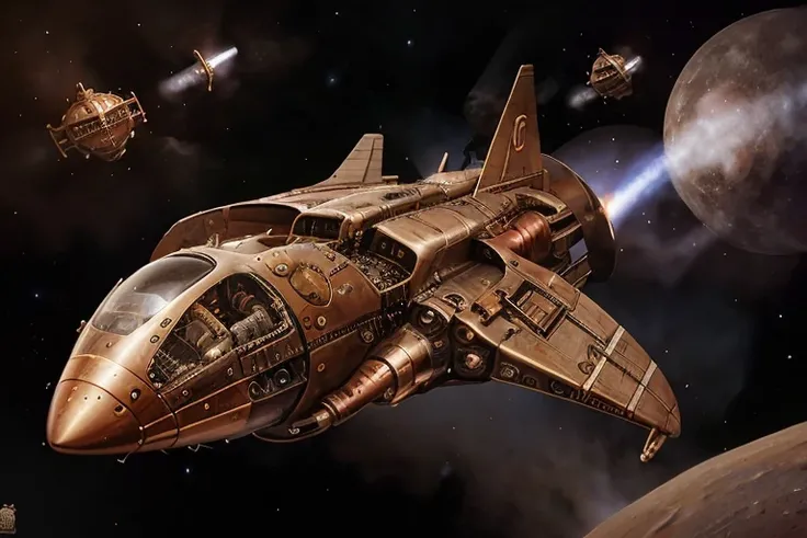 Steampunk style A 1950s retro space craft landing on an alien planet,,retrospaceships,design,hull,flying,space,exhaust, . Antique, mechanical, brass and copper tones, gears, intricate, detailed concept art, sharp focus, octane render, wide angle shot, 35mm<lora:RetroSpaceships:0.7>