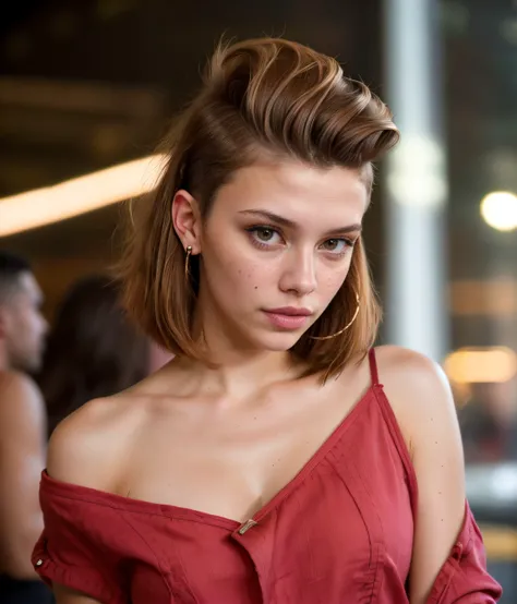 wildlife photo of a 20 yo girl,in-love,blushed,(mid-long light brown hair),loose shirt,perky,medium breasts,((madison beer:0.3), (barbara palvin:0.3), (karlie kloss:0.4)),(hi-top fade:1.3),party background,desaturated background,bokeh,dark theme,soothing tones,muted colors,high contrast,(natural skin texture, hyperrealism, soft light, sharp),(close-up shot) artistic photoshoot,(naked shoulders),(red cloth hides breasts), <lora:Sexy Panties By Stable Yogi:0.5> sexy panties Wine Red to Rose Gold, ray tracing,detail shadow,shot on Fujifilm X-T4,85mm,f1.2,sharp focus,depth of field,blurry background,bokeh,lens flare <lora:DETAIL_SLIDER_BY_STABLE_YOGI:0.7>