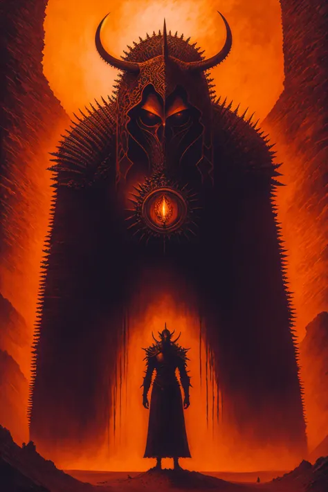 a painting of a man standing in front of a demon, the king in the desert, infernal relics, album cover design, full image, colossal, demon, horned <lora:xTTx:1>