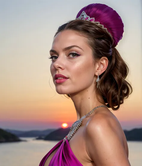 silhouettes against sunset photo of Princess of Sweden is known for her charismatic personality <lora:Halterneck Gown By Stable Yogi:0.7> fuchsia halterneck evening gown, jewelry, masterpiece, (high detailed skin:1.4), sharp focus <lora:DETAIL_SLIDER_BY_STABLE_YOGI:0.7>