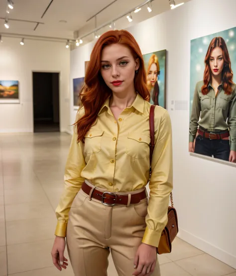 RAW photo, permissive a beautiful young woman, realistic skin texture, red hair, winter, snow, <lora:Shirt Pants by Stable Yogi:0.8> Lemon Yellow to Gold shirt, long sleeves, pants belt, bag, slippers, detailed skin, 8k uhd, dslr, high quality, film grain, Fujifilm XT3 <lora:DETAIL_SLIDER_BY_STABLE_YOGI:0.5>, red lipstick, art gallery, Exhibiting local artists' work in a sophisticated setting