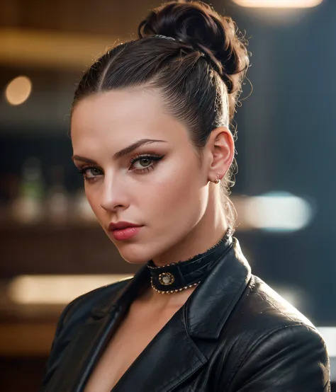 dramatic portrait photo of Sassy Saloon Girl <lora:Exposed_Forehead_Hair-Pulled_Back:0.8> forehead, ((hair pulled back)) pony tail,hairslickedback, ray tracing,detail shadow,shot on Fujifilm X-T4,85mm,f1.2,sharp focus,depth of field,blurry background,bokeh,lens flare <lora:DETAIL_SLIDER_BY_STABLE_YOGI:0.7>